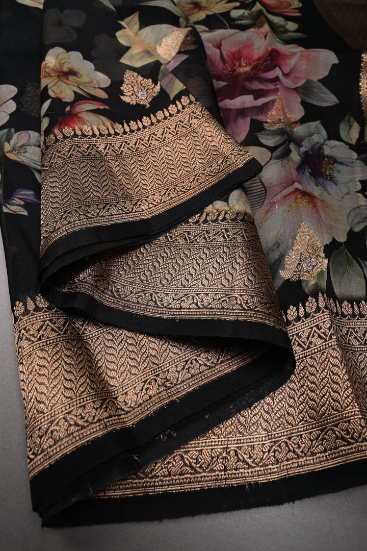 Black Floral Digital Print on Pure Banarasi Kora Organza Silk Saree with Alfi Zari Buttas and Zari Border | SILK MARK CERTIFIED | SHOBITAM