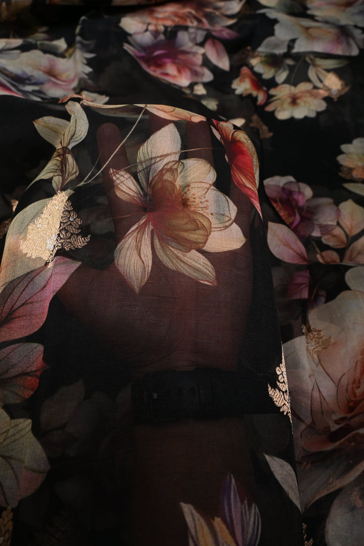 Black Floral Digital Print on Pure Banarasi Kora Organza Silk Saree with Alfi Zari Buttas and Zari Border | SILK MARK CERTIFIED | SHOBITAM