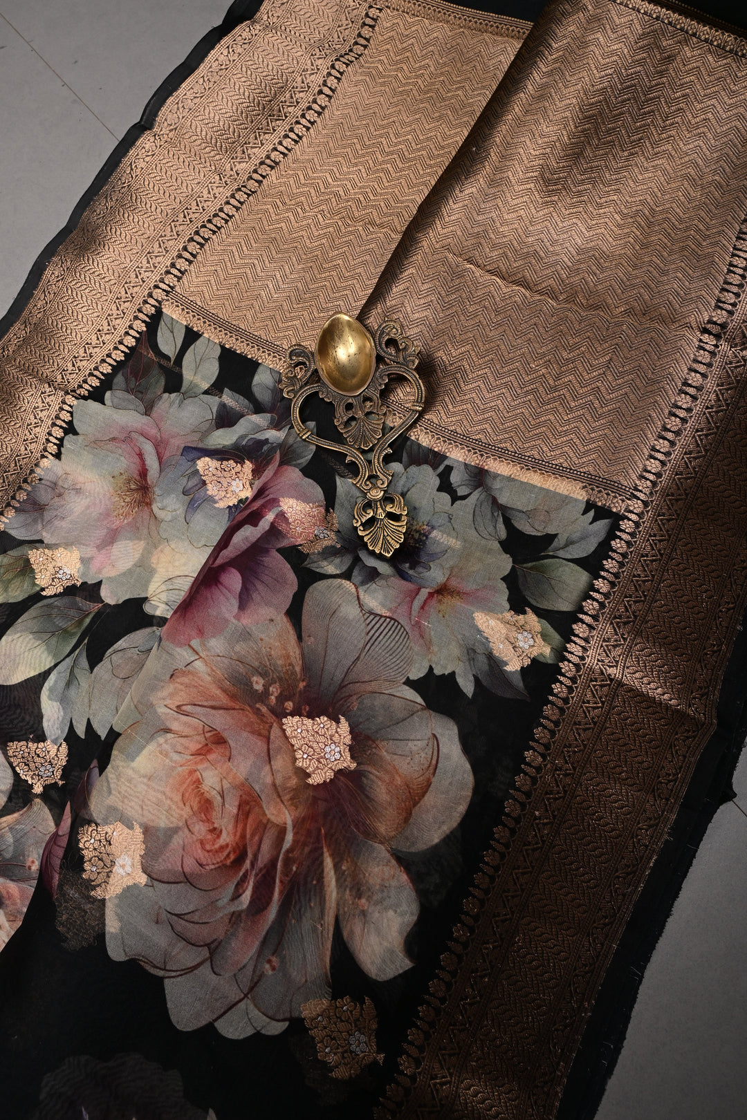 Black Floral Digital Print on Pure Banarasi Kora Organza Silk Saree with Alfi Zari Buttas and Zari Border | SILK MARK CERTIFIED | SHOBITAM
