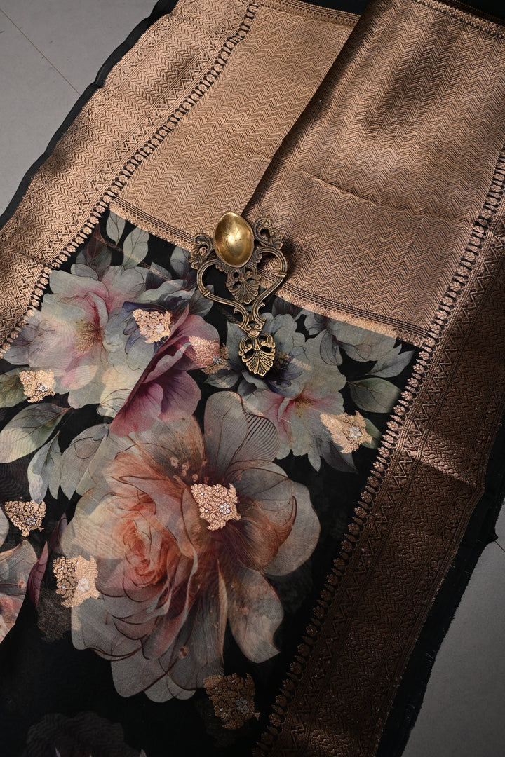 Black Floral Digital Print on Pure Banarasi Kora Organza Silk Saree with Alfi Zari Buttas and Zari Border | SILK MARK CERTIFIED | SHOBITAM