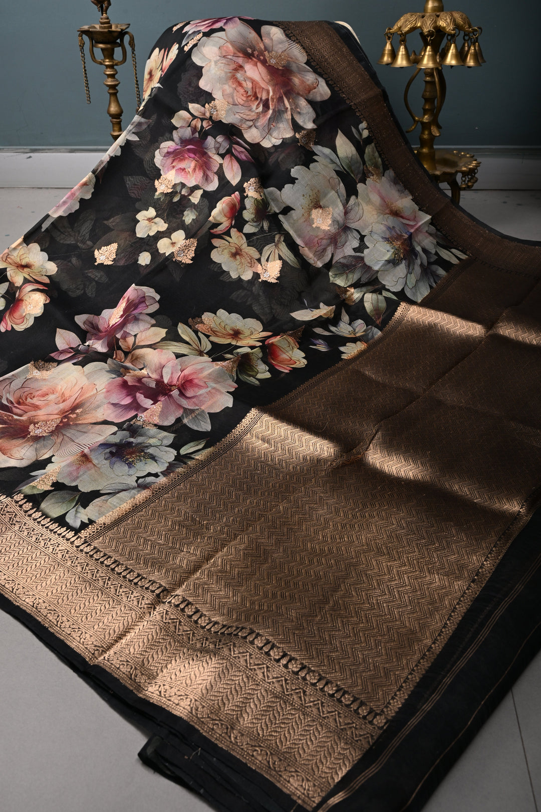 Black Floral Digital Print on Pure Banarasi Kora Organza Silk Saree with Alfi Zari Buttas and Zari Border | SILK MARK CERTIFIED | SHOBITAM