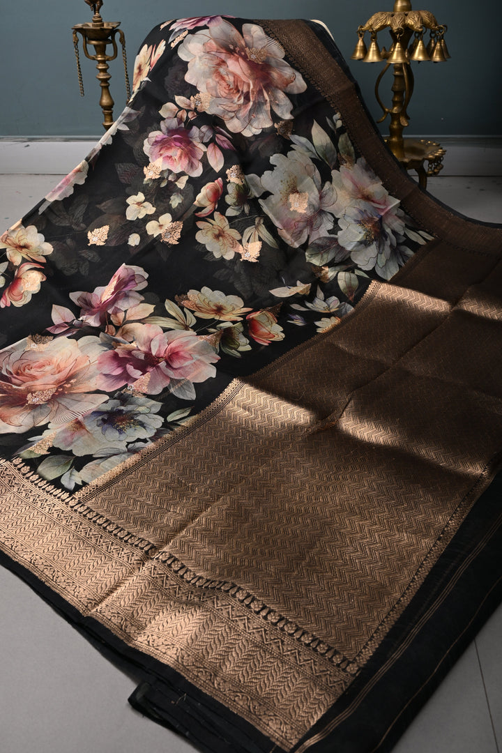 Black Floral Digital Print on Pure Banarasi Kora Organza Silk Saree with Alfi Zari Buttas and Zari Border | SILK MARK CERTIFIED | SHOBITAM