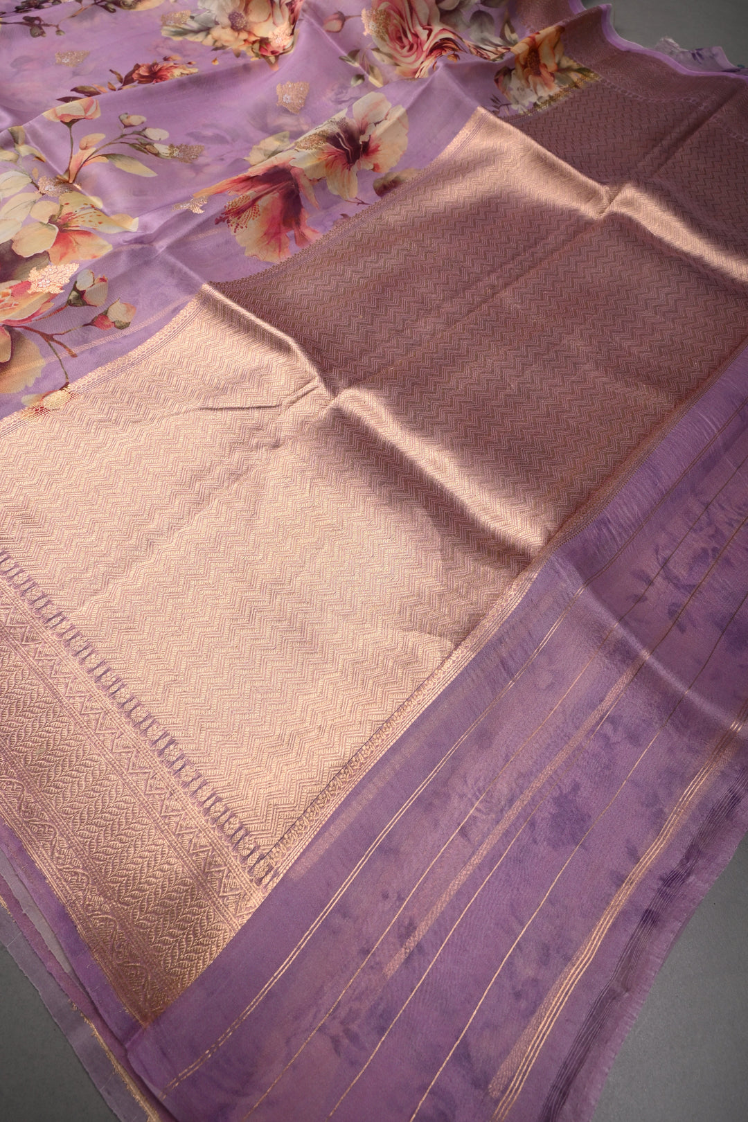 Lavender Floral Digital Print on Pure Banarasi Kora Organza Silk Saree with Zari Border | SILK MARK CERTIFIED | SHOBITAM