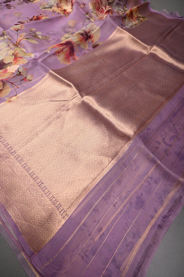 Lavender Floral Digital Print on Pure Banarasi Kora Organza Silk Saree with Zari Border | SILK MARK CERTIFIED | SHOBITAM