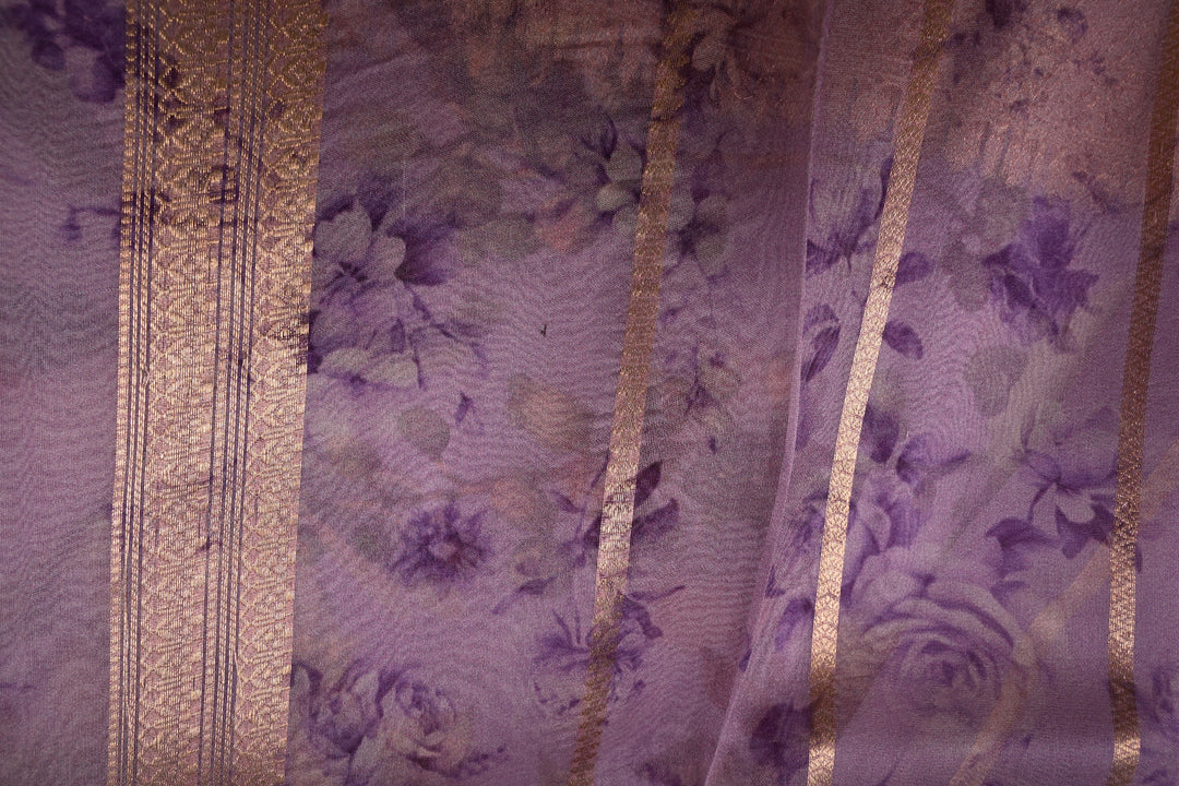 Lavender Floral Digital Print on Pure Banarasi Kora Organza Silk Saree with Zari Border | SILK MARK CERTIFIED | SHOBITAM
