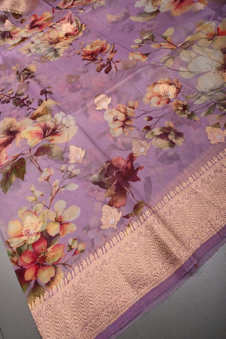 Lavender Floral Digital Print on Pure Banarasi Kora Organza Silk Saree with Zari Border | SILK MARK CERTIFIED | SHOBITAM
