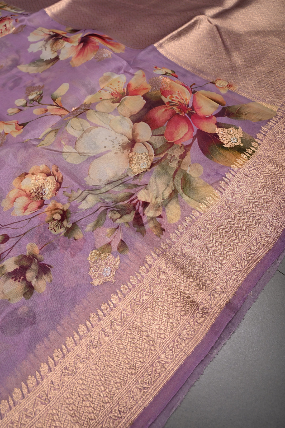Lavender Floral Digital Print on Pure Banarasi Kora Organza Silk Saree with Zari Border | SILK MARK CERTIFIED | SHOBITAM