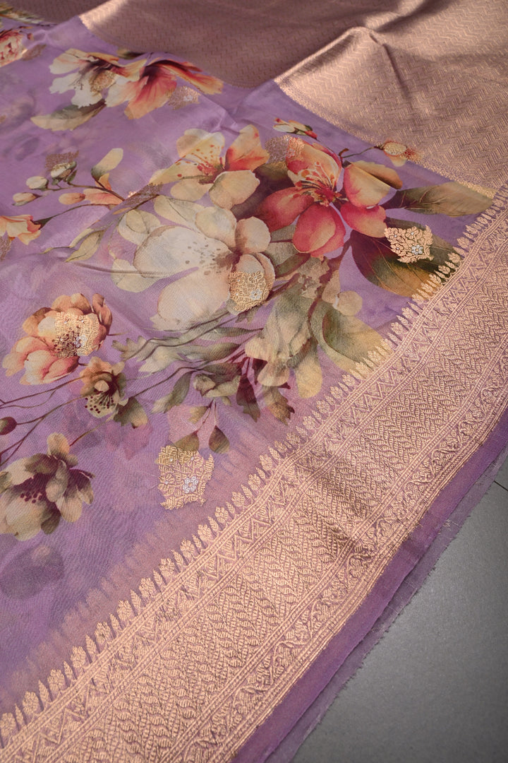 Lavender Floral Digital Print on Pure Banarasi Kora Organza Silk Saree with Zari Border | SILK MARK CERTIFIED | SHOBITAM