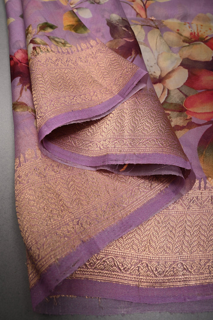 Lavender Floral Digital Print on Pure Banarasi Kora Organza Silk Saree with Zari Border | SILK MARK CERTIFIED | SHOBITAM