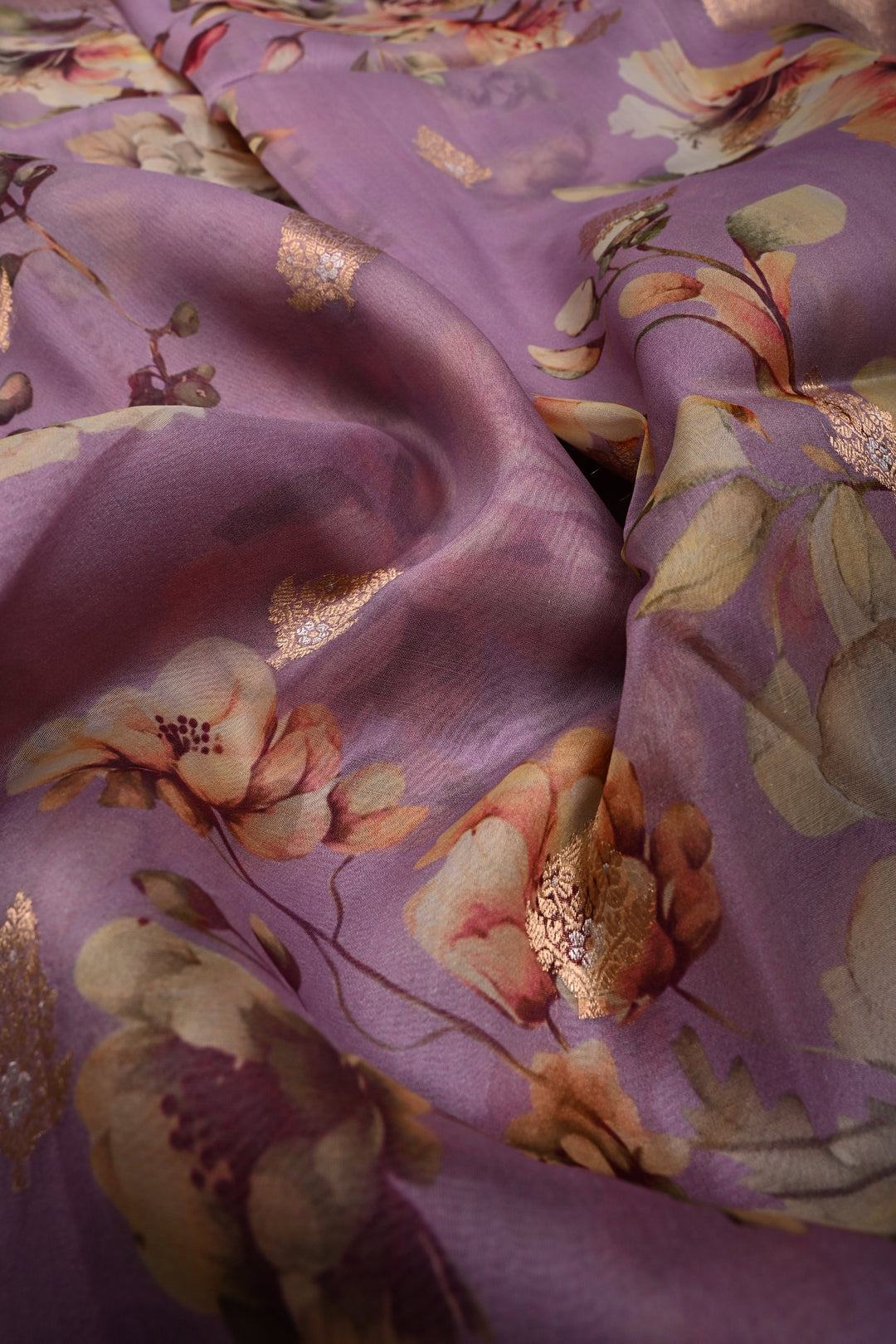 Lavender Floral Digital Print on Pure Banarasi Kora Organza Silk Saree with Zari Border | SILK MARK CERTIFIED | SHOBITAM