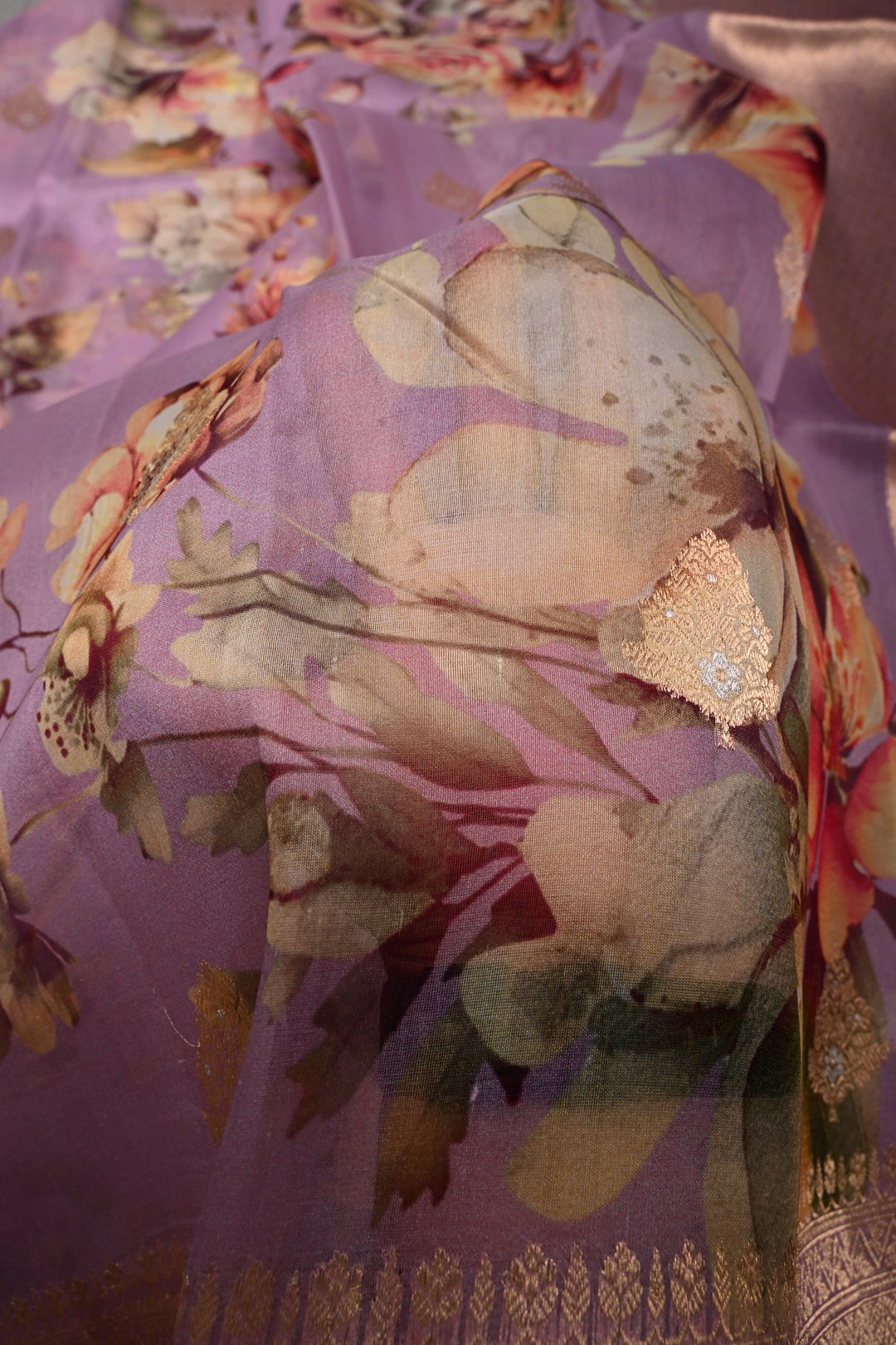 Lavender Floral Digital Print on Pure Banarasi Kora Organza Silk Saree with Zari Border | SILK MARK CERTIFIED | SHOBITAM
