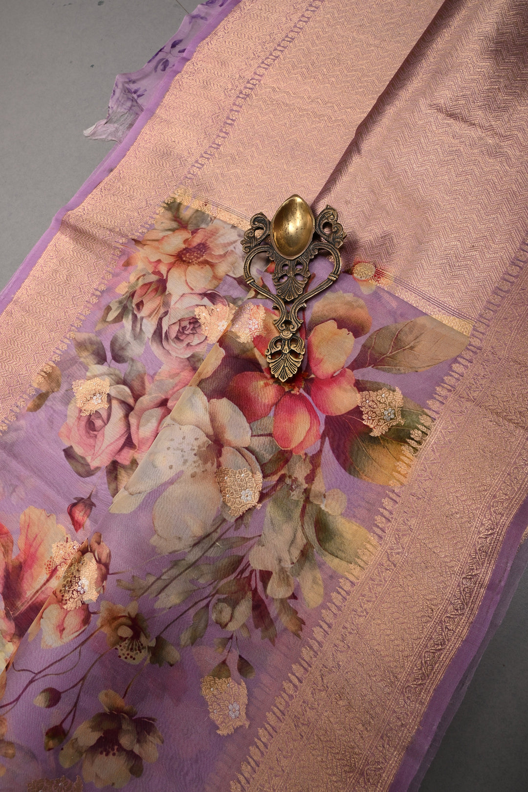 Lavender Floral Digital Print on Pure Banarasi Kora Organza Silk Saree with Zari Border | SILK MARK CERTIFIED | SHOBITAM
