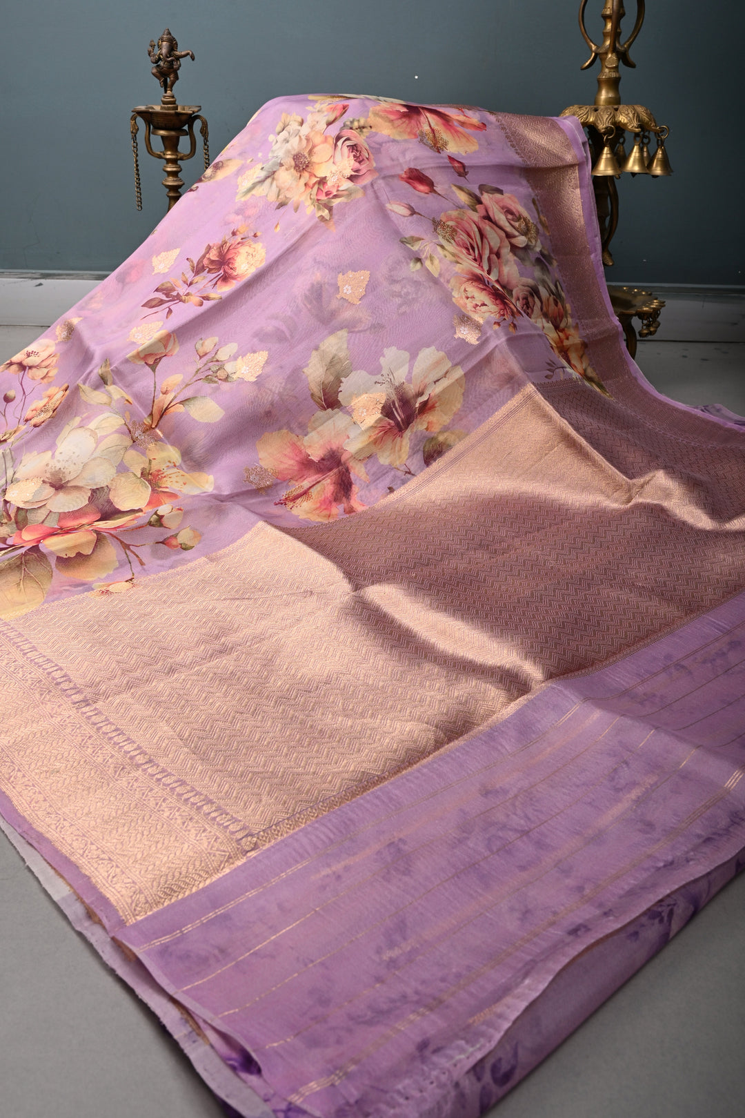 Lavender Floral Digital Print on Pure Banarasi Kora Organza Silk Saree with Zari Border | SILK MARK CERTIFIED | SHOBITAM