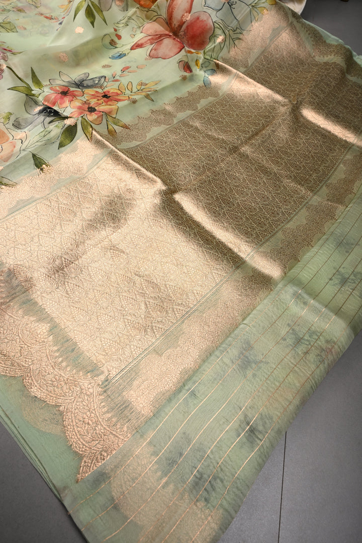 Light Mint Green Floral Digital Print on Pure Banarasi Kora Organza Silk Saree with Zari Buttas and Scallop Zari Border | SILK MARK CERTIFIED | SHOBITAM
