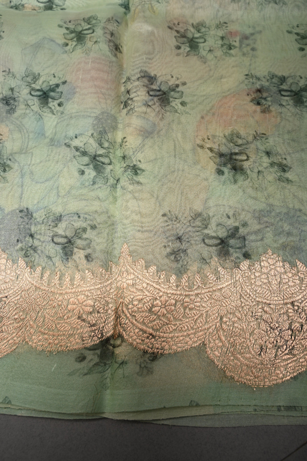 Light Mint Green Floral Digital Print on Pure Banarasi Kora Organza Silk Saree with Zari Buttas and Scallop Zari Border | SILK MARK CERTIFIED | SHOBITAM