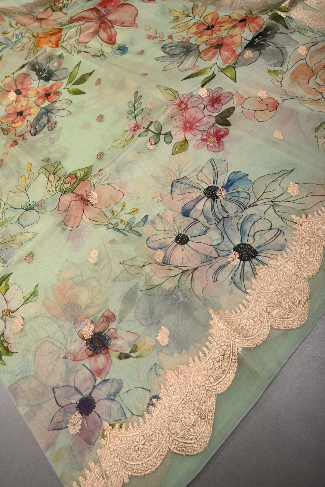 Light Mint Green Floral Digital Print on Pure Banarasi Kora Organza Silk Saree with Zari Buttas and Scallop Zari Border | SILK MARK CERTIFIED | SHOBITAM