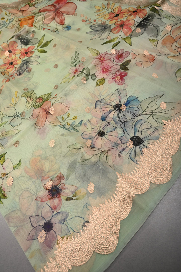 Light Mint Green Floral Digital Print on Pure Banarasi Kora Organza Silk Saree with Zari Buttas and Scallop Zari Border | SILK MARK CERTIFIED | SHOBITAM