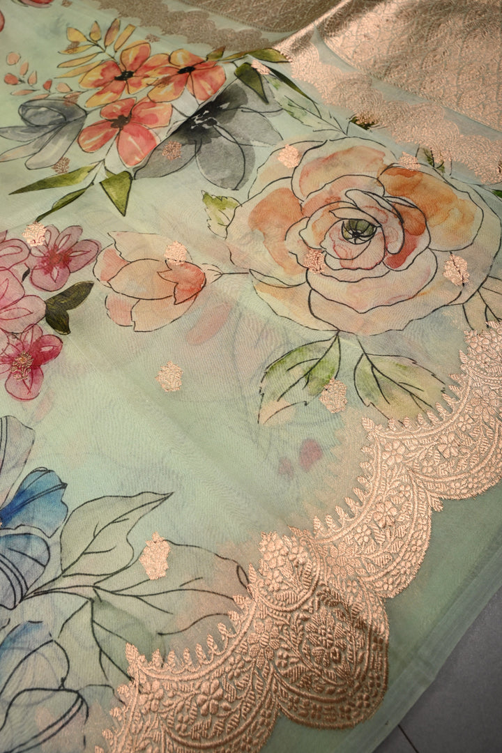 Light Mint Green Floral Digital Print on Pure Banarasi Kora Organza Silk Saree with Zari Buttas and Scallop Zari Border | SILK MARK CERTIFIED | SHOBITAM