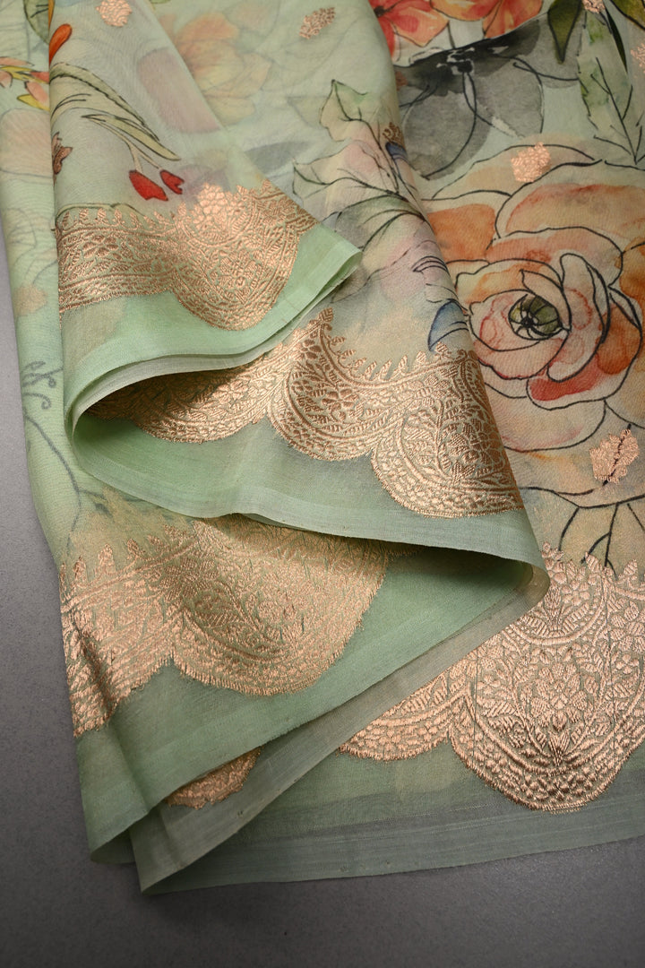 Light Mint Green Floral Digital Print on Pure Banarasi Kora Organza Silk Saree with Zari Buttas and Scallop Zari Border | SILK MARK CERTIFIED | SHOBITAM