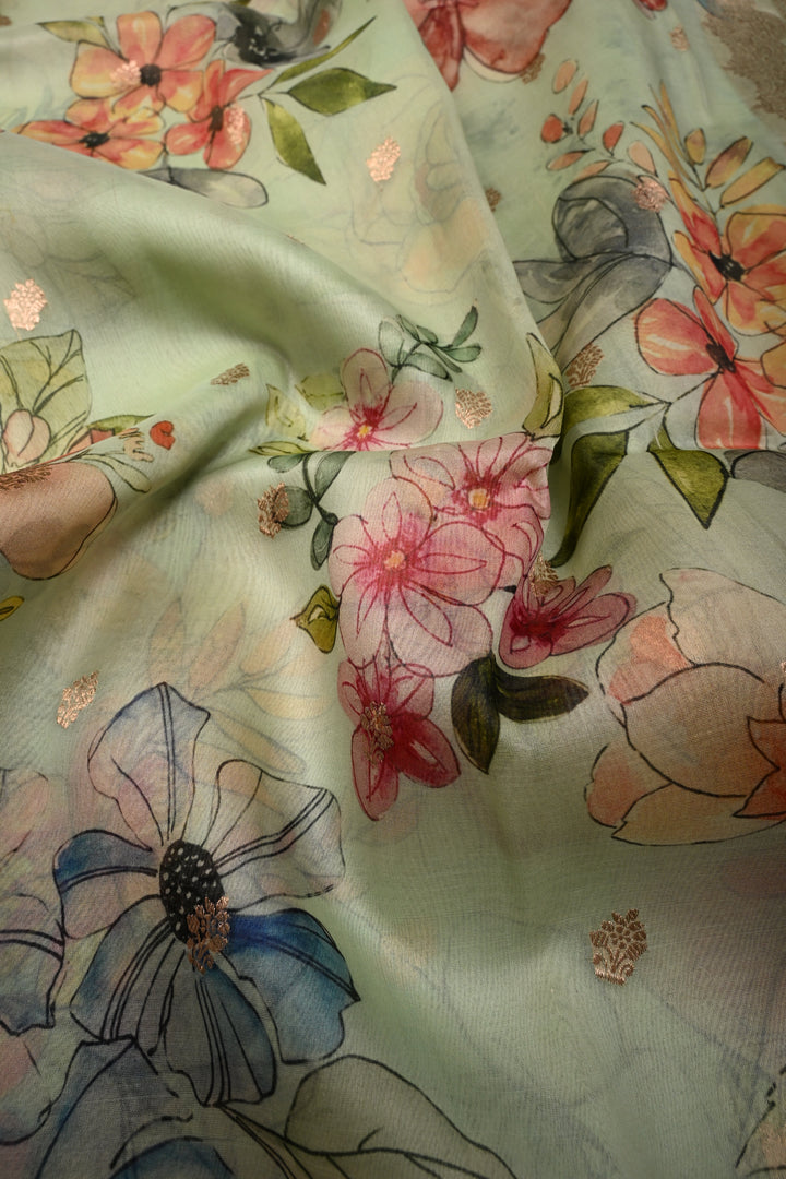 Light Mint Green Floral Digital Print on Pure Banarasi Kora Organza Silk Saree with Zari Buttas and Scallop Zari Border | SILK MARK CERTIFIED | SHOBITAM