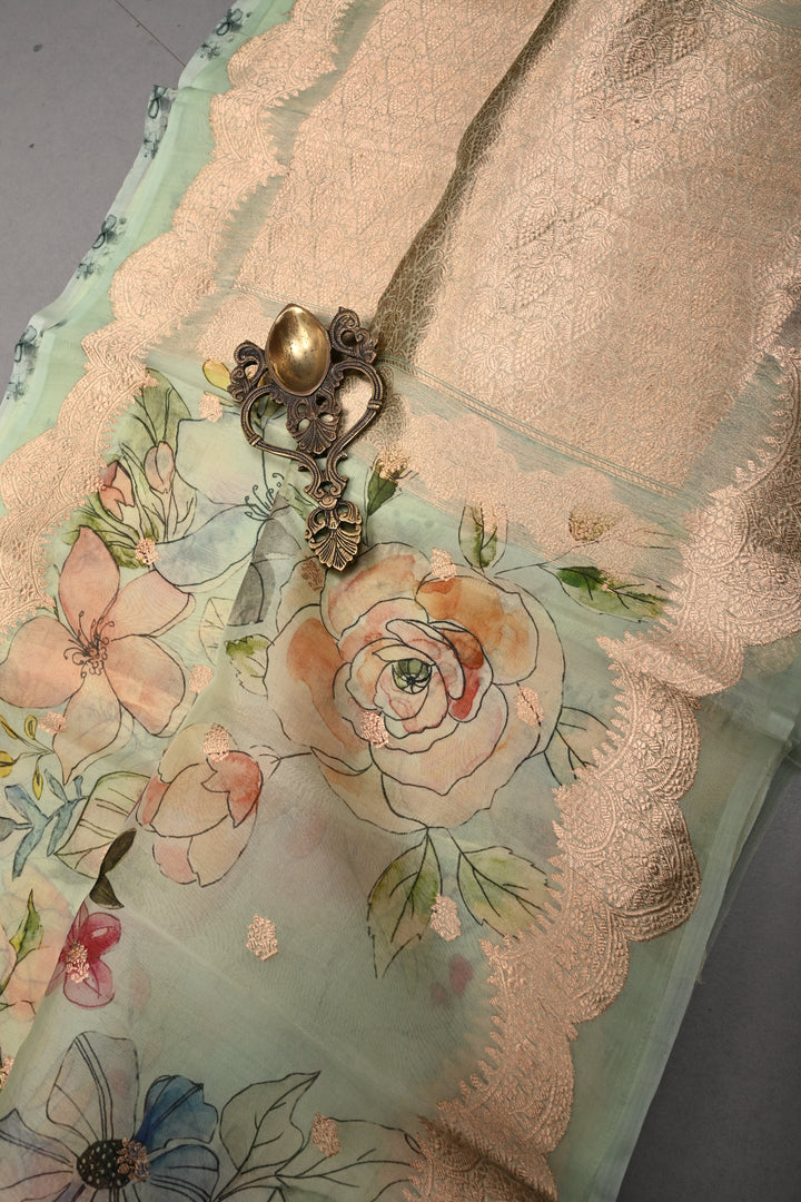 Light Mint Green Floral Digital Print on Pure Banarasi Kora Organza Silk Saree with Zari Buttas and Scallop Zari Border | SILK MARK CERTIFIED | SHOBITAM