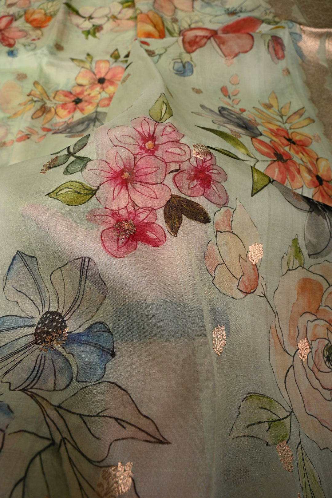 Light Mint Green Floral Digital Print on Pure Banarasi Kora Organza Silk Saree with Zari Buttas and Scallop Zari Border | SILK MARK CERTIFIED | SHOBITAM