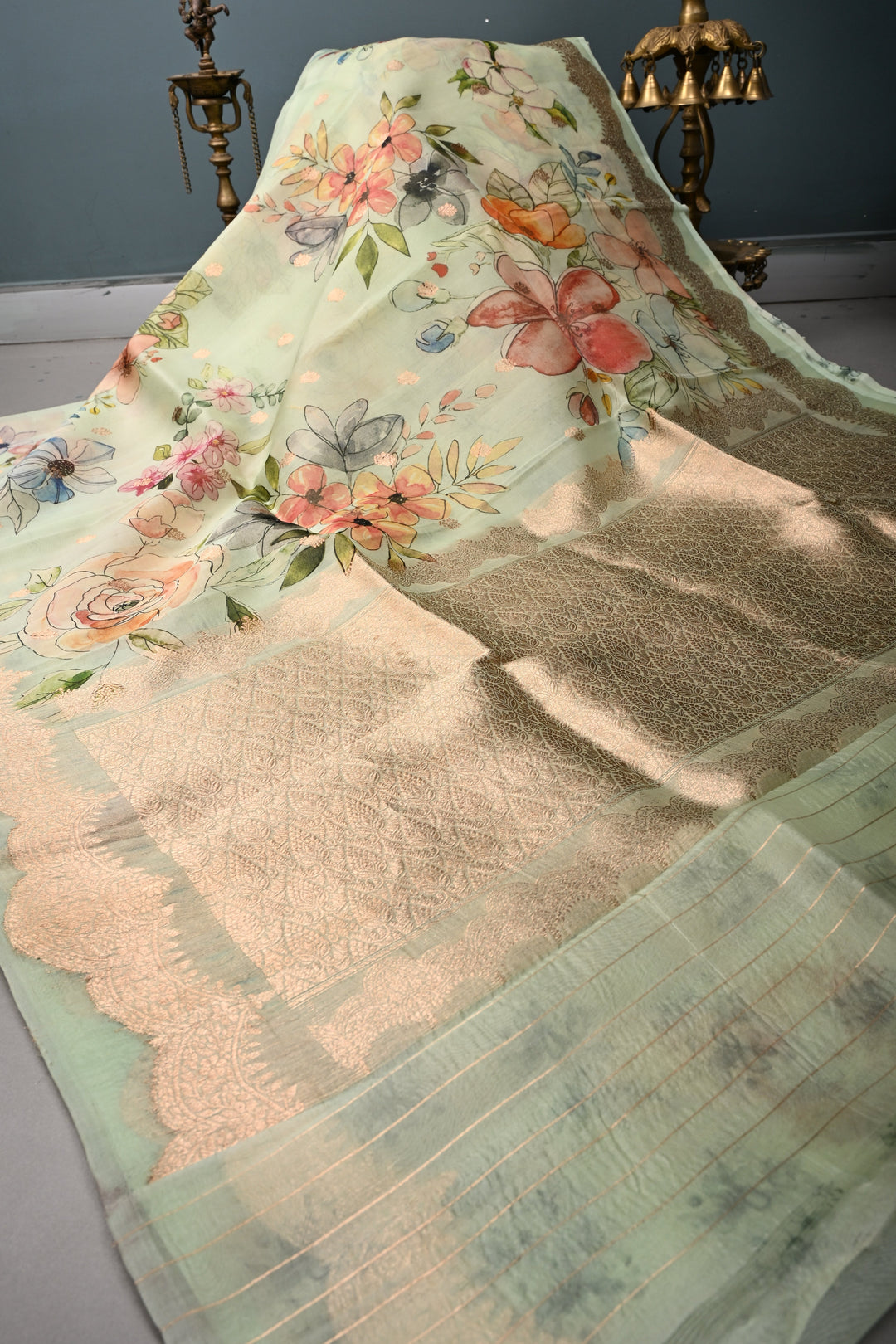 Light Mint Green Floral Digital Print on Pure Banarasi Kora Organza Silk Saree with Zari Buttas and Scallop Zari Border | SILK MARK CERTIFIED | SHOBITAM