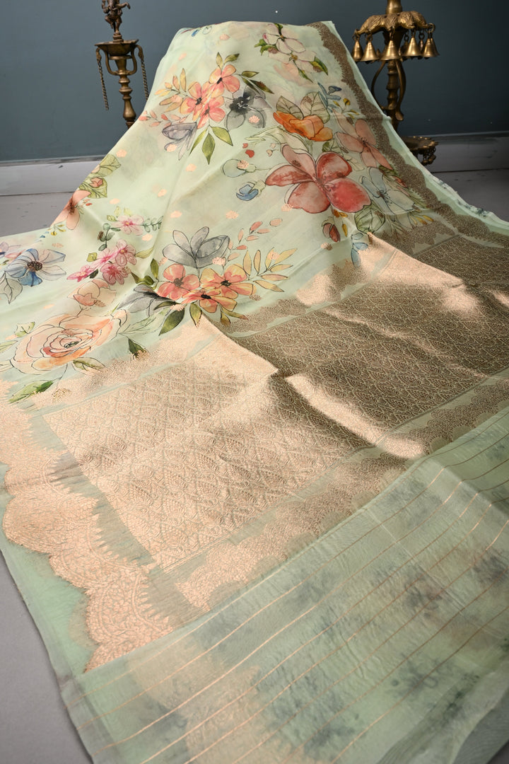 Light Mint Green Floral Digital Print on Pure Banarasi Kora Organza Silk Saree with Zari Buttas and Scallop Zari Border | SILK MARK CERTIFIED | SHOBITAM