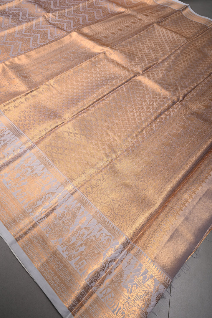 Gray Kanjivaram Soft Semi Tissue Silk Saree with Floral Chevron Design and Procession Zari Border | SHOBITAM
