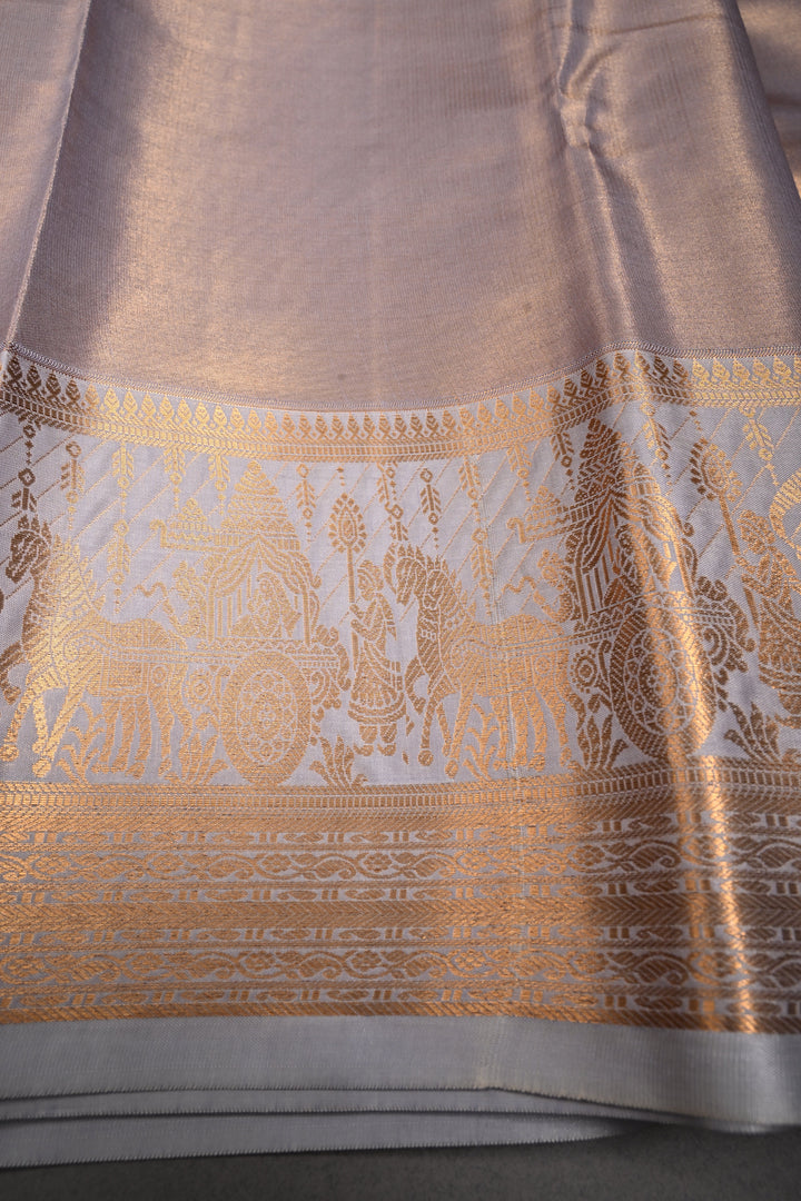 Gray Kanjivaram Soft Semi Tissue Silk Saree with Floral Chevron Design and Procession Zari Border | SHOBITAM