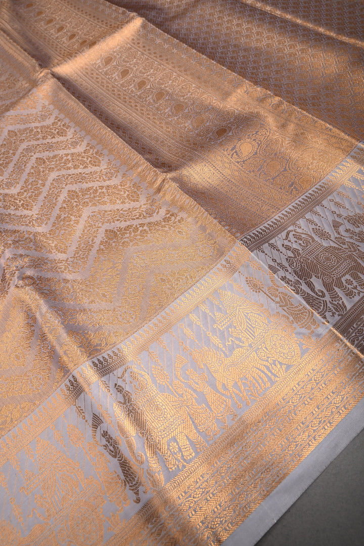Gray Kanjivaram Soft Semi Tissue Silk Saree with Floral Chevron Design and Procession Zari Border | SHOBITAM
