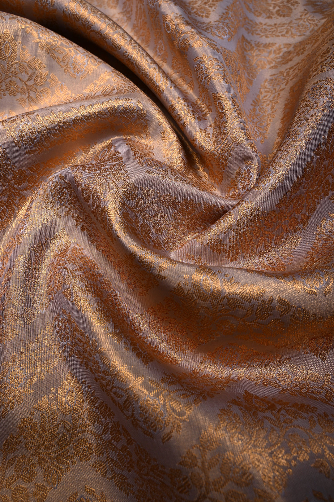 Gray Kanjivaram Soft Semi Tissue Silk Saree with Floral Chevron Design and Procession Zari Border | SHOBITAM