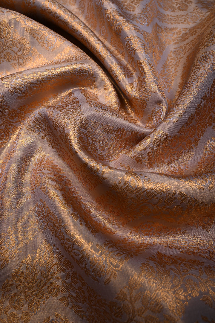 Gray Kanjivaram Soft Semi Tissue Silk Saree with Floral Chevron Design and Procession Zari Border | SHOBITAM