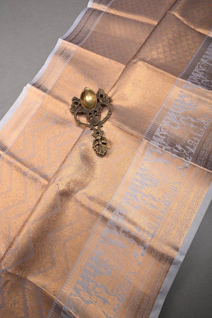 Gray Kanjivaram Soft Semi Tissue Silk Saree with Floral Chevron Design and Procession Zari Border | SHOBITAM