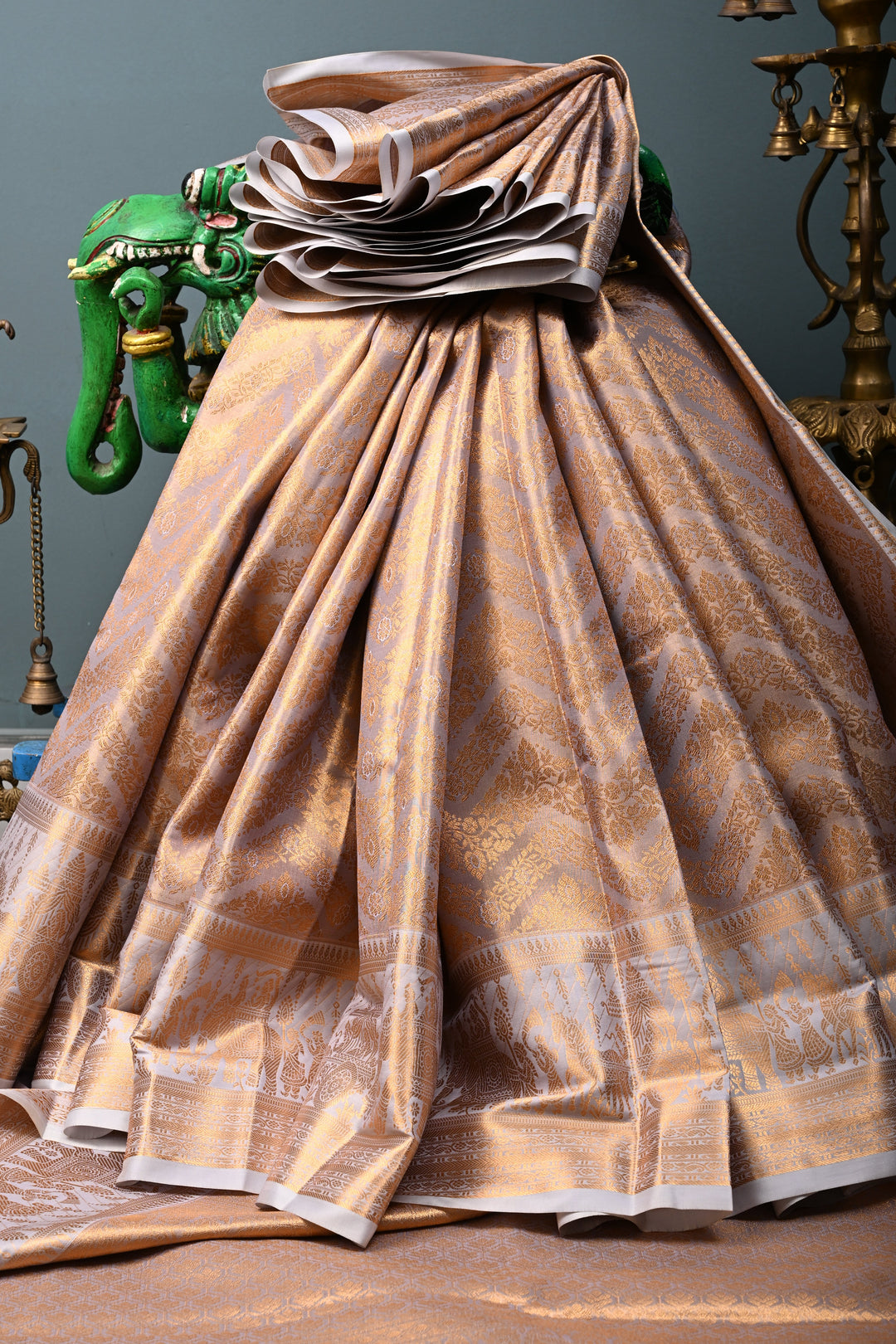 Gray Kanjivaram Soft Semi Tissue Silk Saree with Floral Chevron Design and Procession Zari Border | SHOBITAM