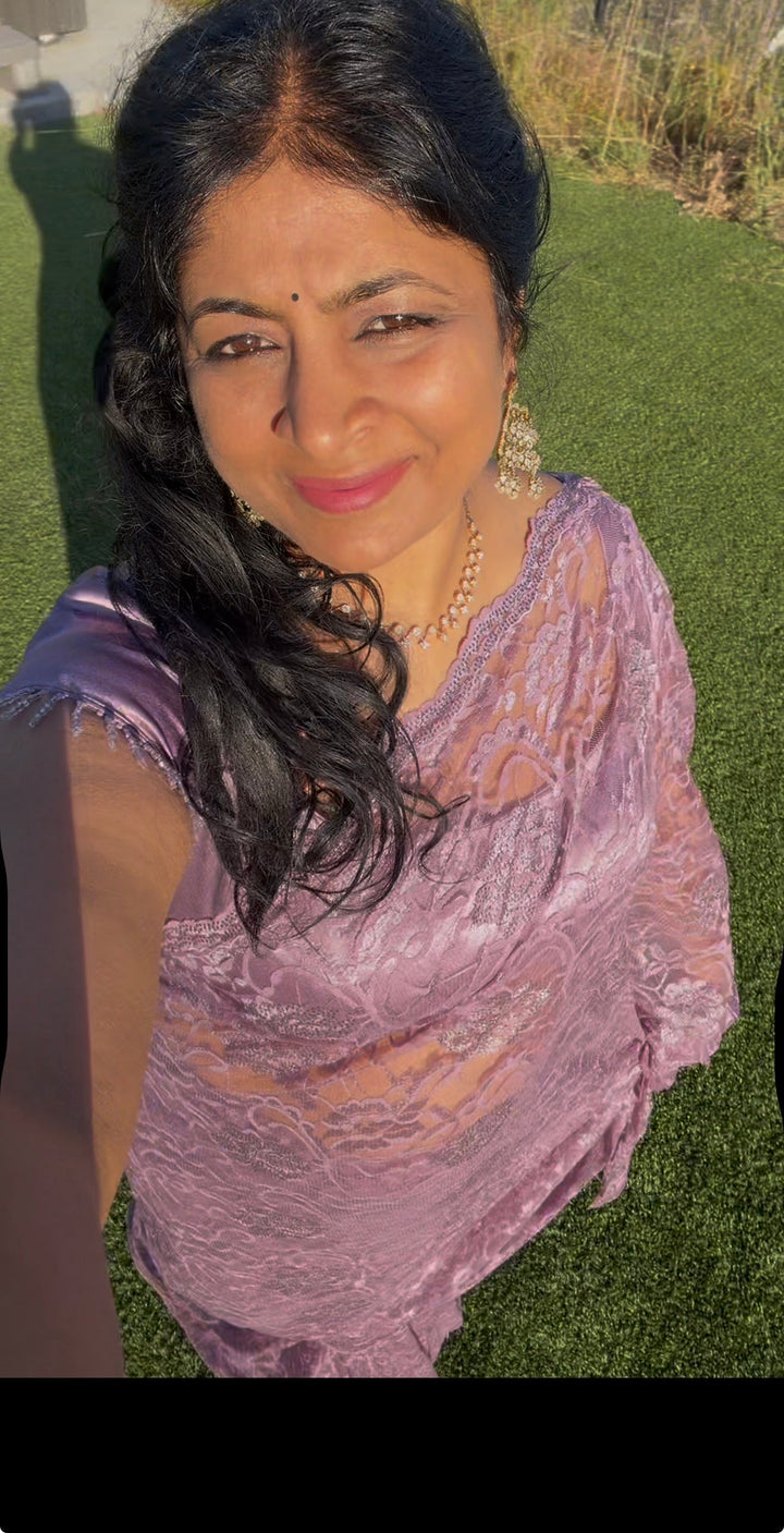 Amethyst Net Chenille Lace Saree with Tone on Tone Powder Stones Work and Scallop Border | SHOBITAM