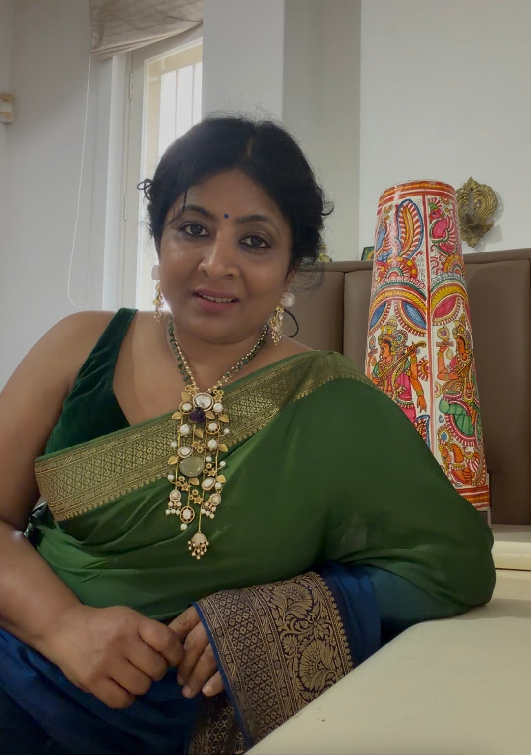 Blue-Green Ombre Vegan Viscose Silk Saree with Zari Border | SHOBITAM