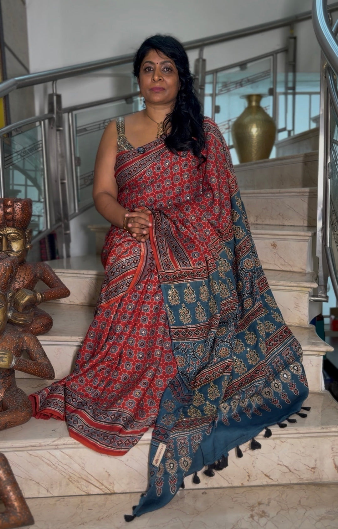 Handwork Ajrakh Saree with Tikki and Aari work on Red Blue Ajrakh on Modal Silk  | SHOBITAM