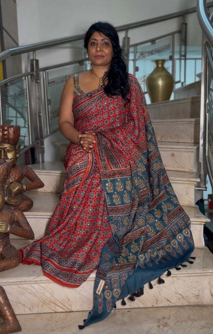 Handwork Ajrakh Saree with Tikki and Aari work on Red Blue Ajrakh on Modal Silk  | SHOBITAM