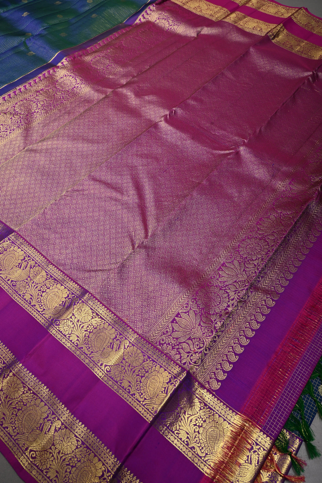 Peacock Blue-Green Dual Tone Zari Checks on Kanjivaram Pure Silk Saree with Zari Buttas and Contrast Rettaipet Magenta Border | SILK MARK CERTIFIED | SHOBITAM