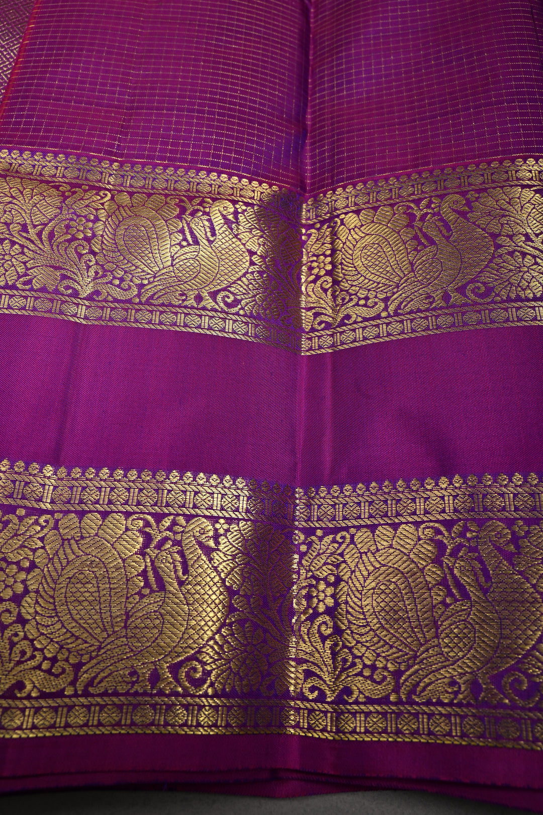 Peacock Blue-Green Dual Tone Zari Checks on Kanjivaram Pure Silk Saree with Zari Buttas and Contrast Rettaipet Magenta Border | SILK MARK CERTIFIED | SHOBITAM