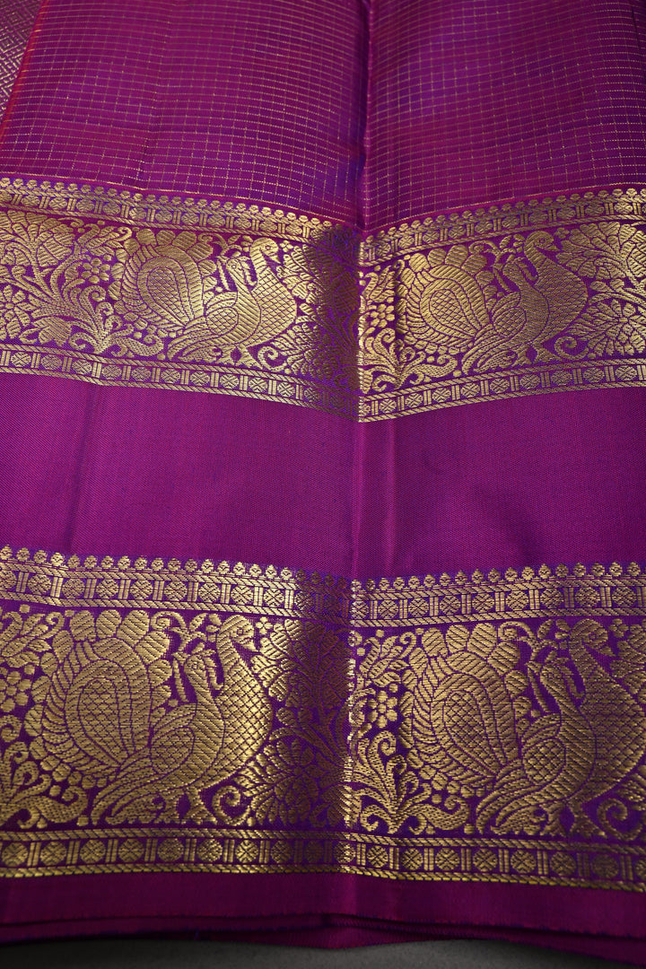 Peacock Blue-Green Dual Tone Zari Checks on Kanjivaram Pure Silk Saree with Zari Buttas and Contrast Rettaipet Magenta Border | SILK MARK CERTIFIED | SHOBITAM