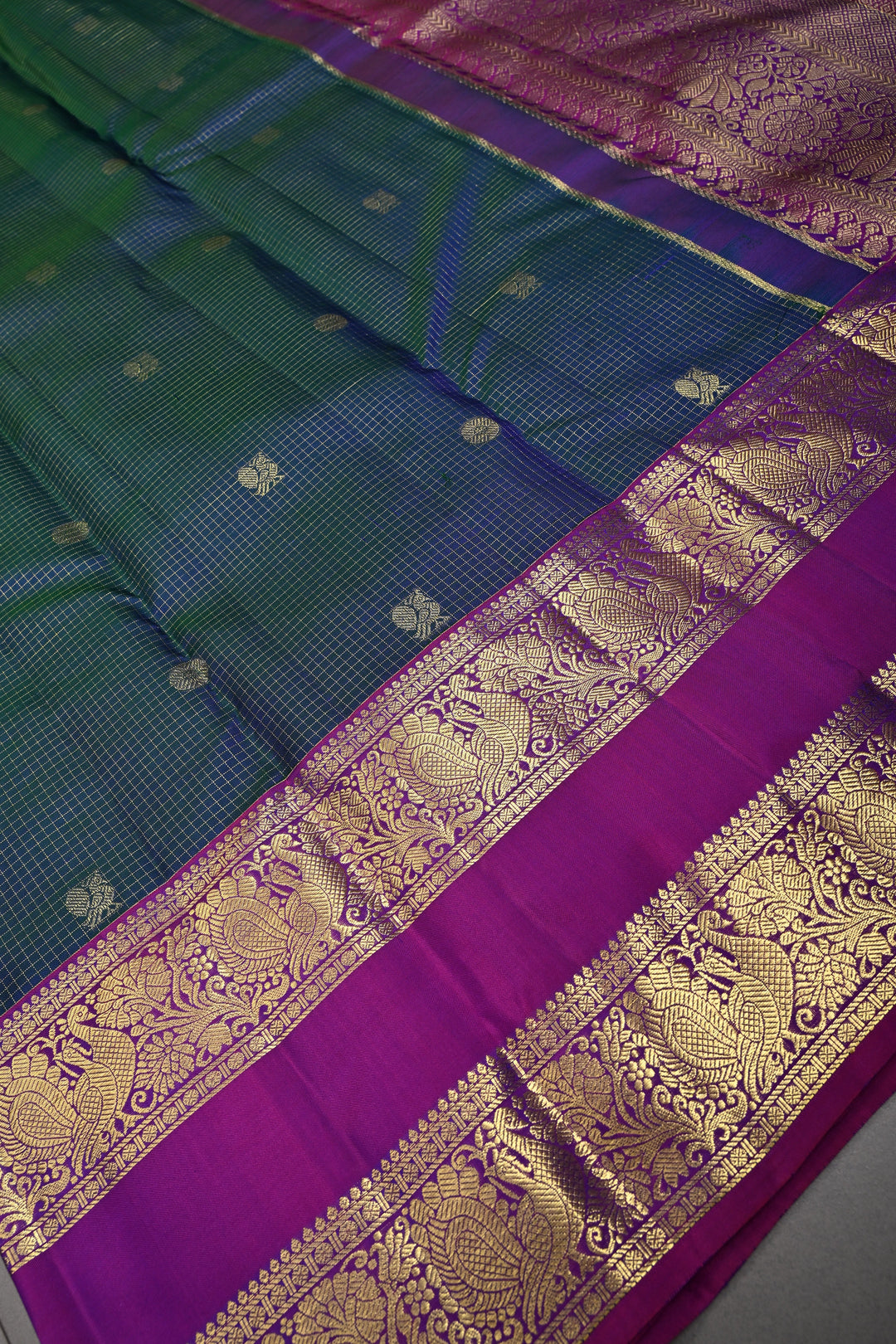 Peacock Blue-Green Dual Tone Zari Checks on Kanjivaram Pure Silk Saree with Zari Buttas and Contrast Rettaipet Magenta Border | SILK MARK CERTIFIED | SHOBITAM