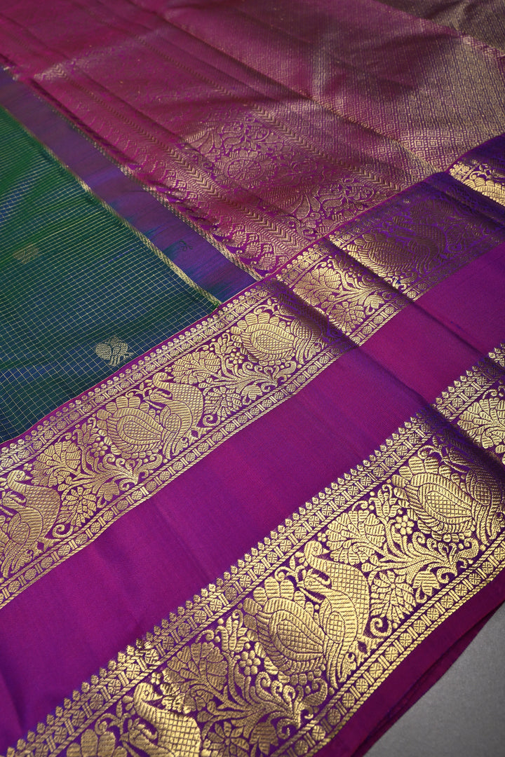 Peacock Blue-Green Dual Tone Zari Checks on Kanjivaram Pure Silk Saree with Zari Buttas and Contrast Rettaipet Magenta Border | SILK MARK CERTIFIED | SHOBITAM