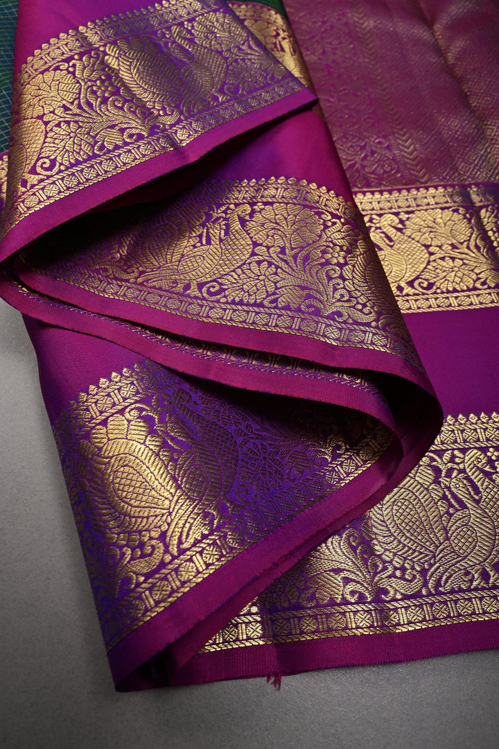 Peacock Blue-Green Dual Tone Zari Checks on Kanjivaram Pure Silk Saree with Zari Buttas and Contrast Rettaipet Magenta Border | SILK MARK CERTIFIED | SHOBITAM