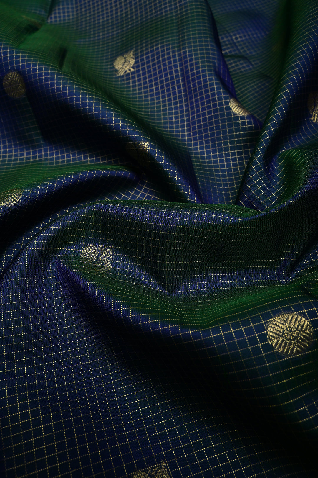 Peacock Blue-Green Dual Tone Zari Checks on Kanjivaram Pure Silk Saree with Zari Buttas and Contrast Rettaipet Magenta Border | SILK MARK CERTIFIED | SHOBITAM
