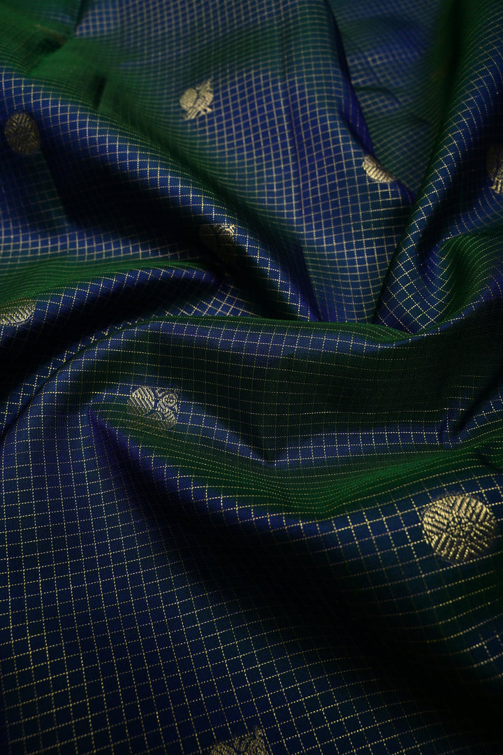 Peacock Blue-Green Dual Tone Zari Checks on Kanjivaram Pure Silk Saree with Zari Buttas and Contrast Rettaipet Magenta Border | SILK MARK CERTIFIED | SHOBITAM