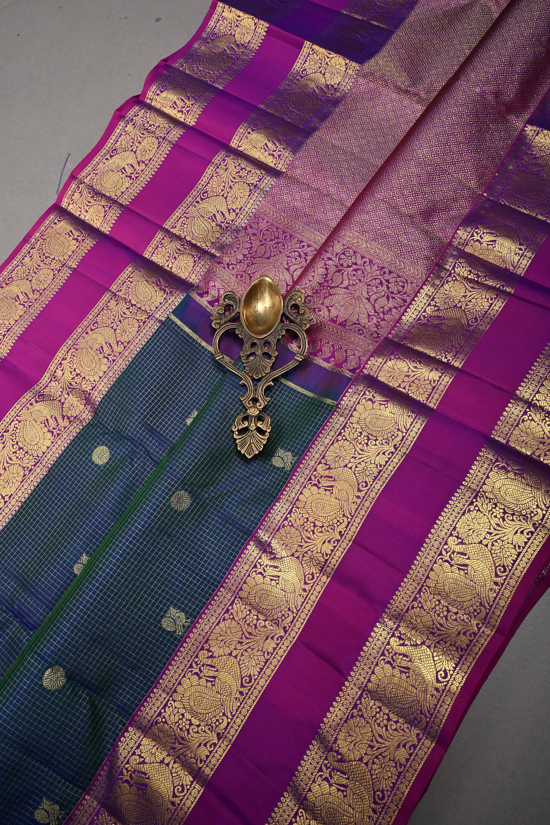 Peacock Blue-Green Dual Tone Zari Checks on Kanjivaram Pure Silk Saree with Zari Buttas and Contrast Rettaipet Magenta Border | SILK MARK CERTIFIED | SHOBITAM