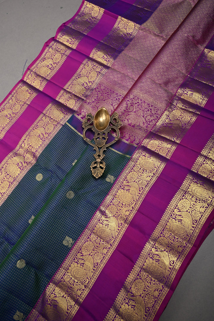 Peacock Blue-Green Dual Tone Zari Checks on Kanjivaram Pure Silk Saree with Zari Buttas and Contrast Rettaipet Magenta Border | SILK MARK CERTIFIED | SHOBITAM