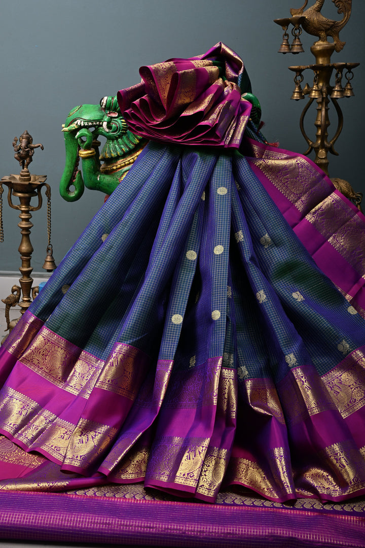 Peacock Blue-Green Dual Tone Zari Checks on Kanjivaram Pure Silk Saree with Zari Buttas and Contrast Rettaipet Magenta Border | SILK MARK CERTIFIED | SHOBITAM